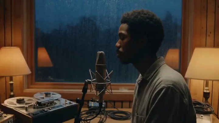 A musician recording a live session beside a rain-streaked studio window