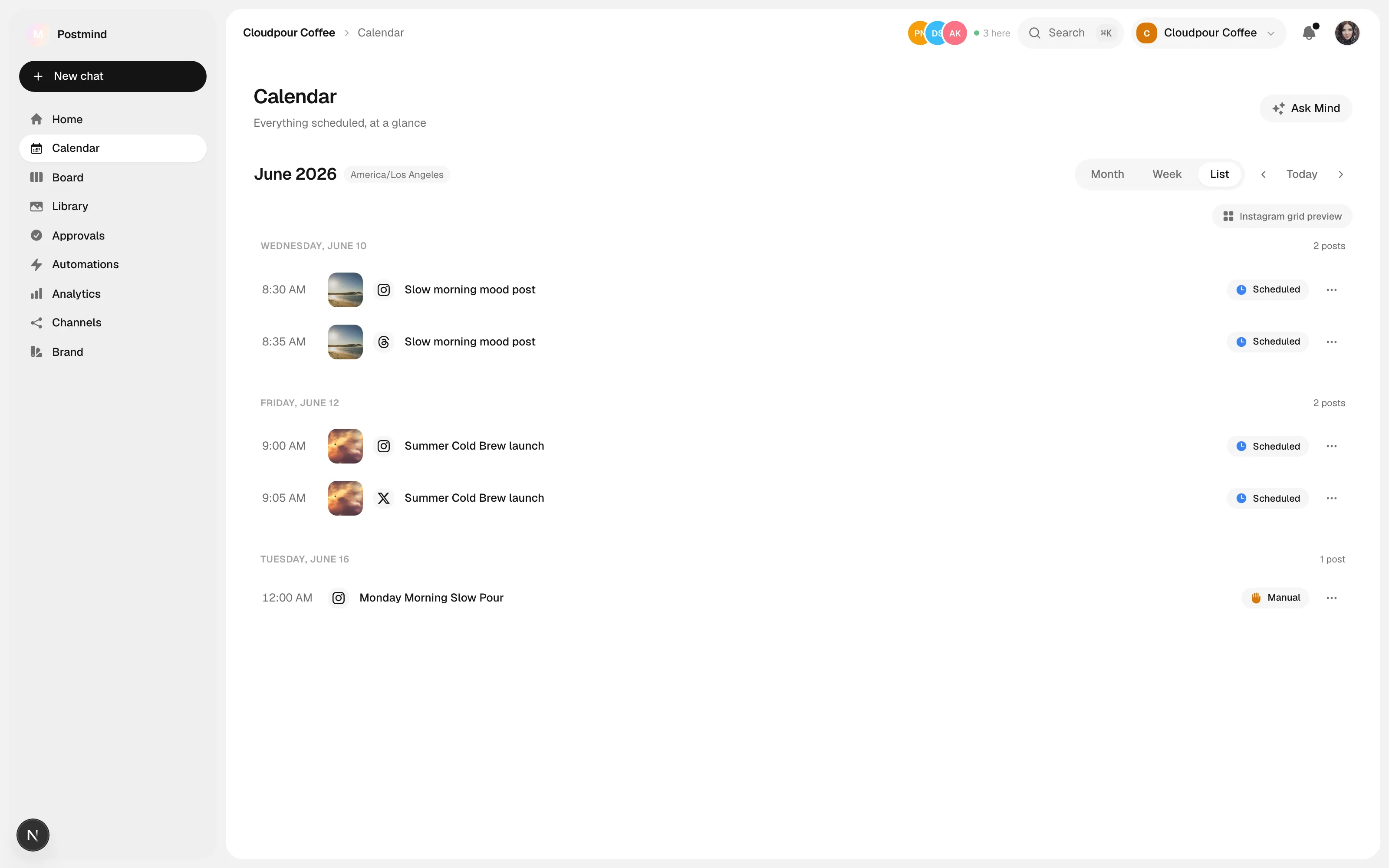 Postmind's campaign calendar with channel drafts and scheduled posts