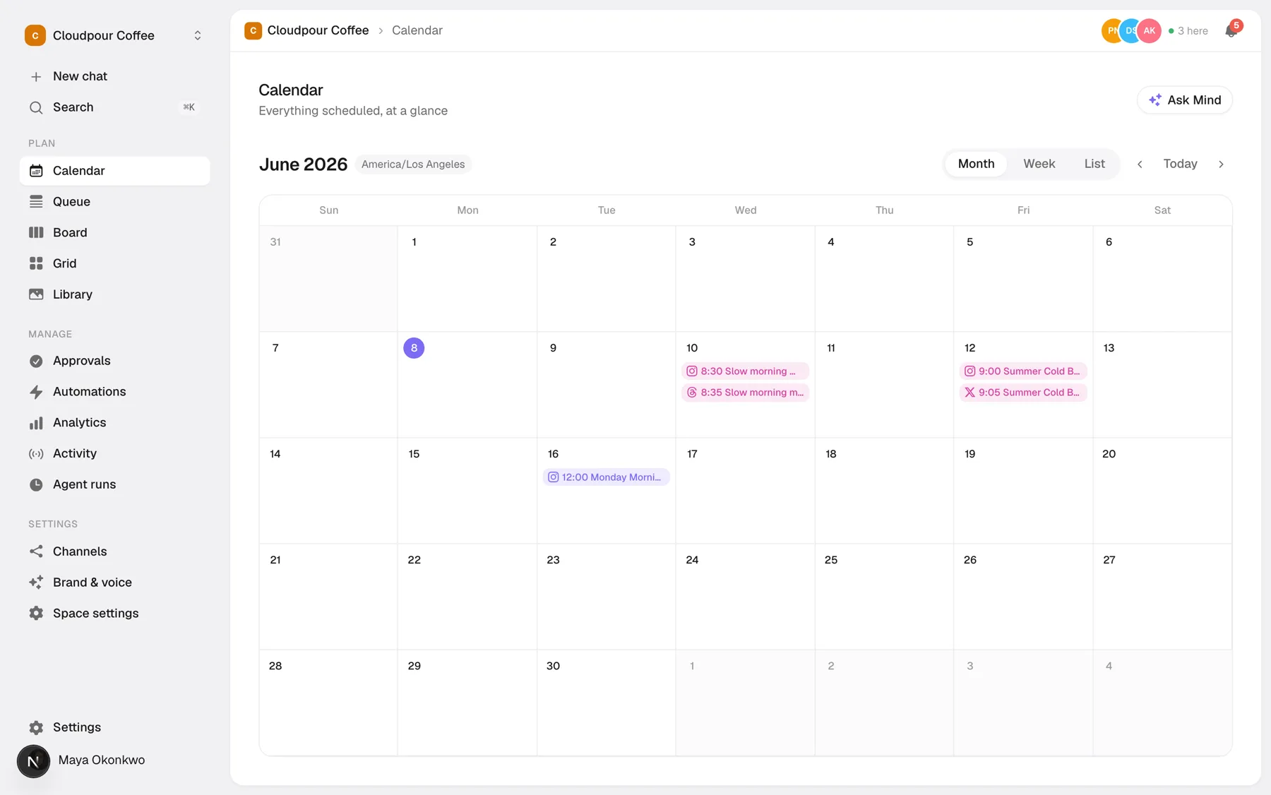 A month of scheduled posts across channels on the Postmind calendar